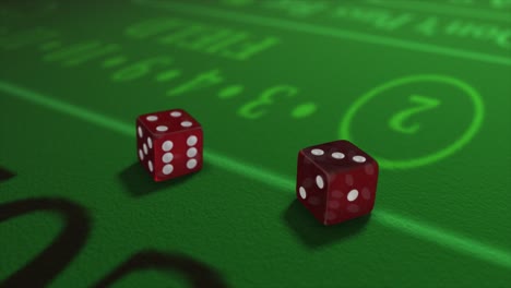 Pair-of-dice-thrown-onto-a-craps-or-crapaud-table-with-glittering-poker-machines-in-a-casino-background---craps-throws---translucent-red-dice-throw-of-four-and-three---seven