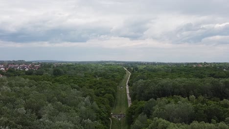 Aerial-view-of-Forest-with-a-Path-in-the-middle-and-houses-in-the-background