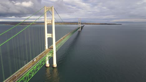 Sun-shines-on-Mighty-Mac,-Mackinaw-Bridge-while-traffic-is-passing-on-a-cloudy-day,-static-aerial-drone-shot