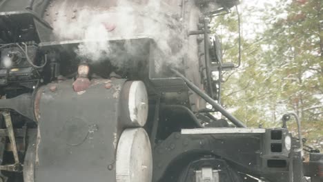 Close-up-of-steam-coming-off-the-engine-of-a-black-traing-during-a-snow-fall