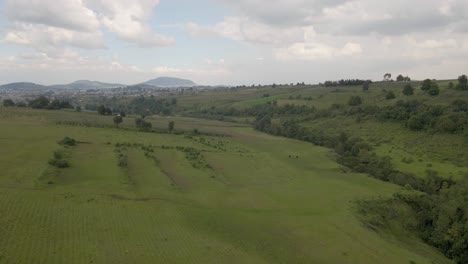Aerial-view-of-beautiful-green-pastures-and-mountains-during-cloudy-day