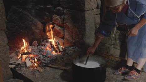 Women-Stirs-Milk-to-Curd,-Traditional-Cheese-Making,-Chobareti-Georgia