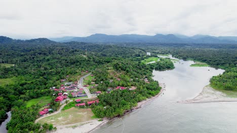 Coastal-Village,-Calovebora,-Panama.--Drone-Aerial-Panning.--Daytime