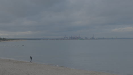 Aerial-view-of-person-at-sandy-beach-watching-ocean-and-City-of-Gdansk-during-cloudy-day