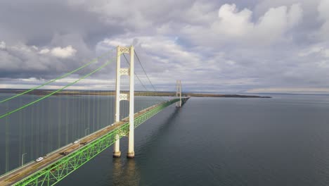 Close-aerial-forwarding-drone-shot-of-the-Historic-Mackinac-Brigde-connecting-the-upper-and-lower-Pennisula-in-USA