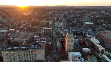 High-aerial-over-Lancaster-city-during-winter-sunset