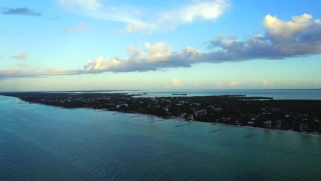 Aerial-view-of-Holbox-Island-at-sunset,-at-the-Mexican-Caribbean