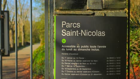 Close-up-Of-Parcs-Saint-Nicolas-Sign-At-The-Entrance-Gate-In-Angers,-France