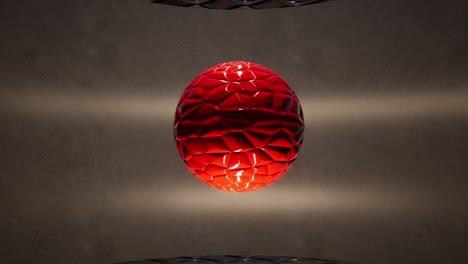 Red-glossy-sphere-rotating-slowly-in-the-air,-inside-minimal-space,-with-bump-map-applied,-3D-animation-camera-zoom-out-slowly