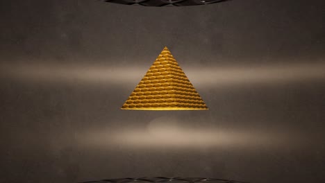 Yellow-glossy-pyramid-rotating-slowly-in-the-air,-inside-minimal-space,-with-bump-map-applied,-3D-animation-camera-zoom-out-slowly