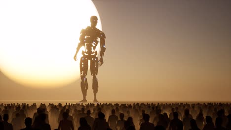 A-huge-Artificial-Intelligence-cyborg-standing-in-front-of-a-large-sun,-with-crowd-of-people-looking-at-it,-3D-animation-camera-pan-left-to-right-slowly