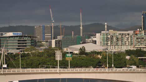 View-of-riverside-expressway-and-construction-in-South-Brisbane-in-Brisbane-City,-viewed-from-Kangaroo-Point,-Queensland,-Australia