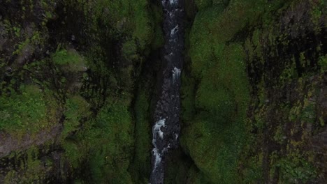 Mountain-river-flowing-between-mossy-cliffs,-aerial-downwards-view-in-Glymur-waterfall,-Iceland
