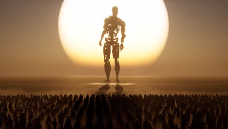 A-huge-Artificial-Intelligence-cyborg-standing-in-front-of-a-large-sun,-with-crowd-of-people-looking-at-it,-3D-animation-camera-zoom-out-slowly