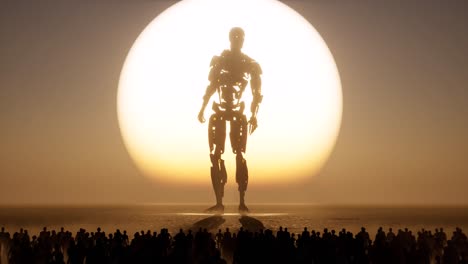 A-huge-Artificial-Intelligence-cyborg-standing-in-front-of-a-large-sun,-with-crowd-of-people-looking-at-it,-3D-animation-camera-zoom-out-fast