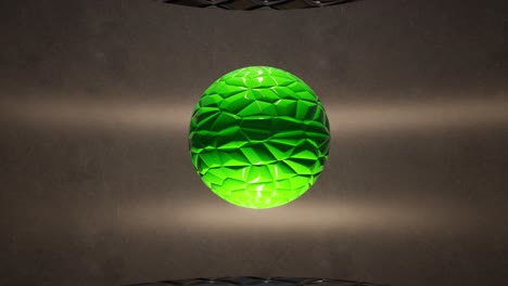 Green-glossy-sphere-rotating-slowly-in-the-air,-inside-minimal-space,-with-bump-map-applied,-3D-animation-camera-zoom-out-slowly