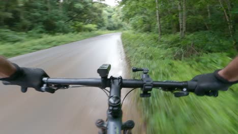 Cyclist-passing-on-tree-lined-country-road-on-rainy-day,-POV-video