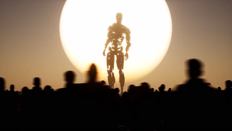A-huge-Artificial-Intelligence-cyborg-standing-in-front-of-a-large-sun,-with-crowd-of-people-looking-at-it,-3D-animation-camera-pan-fast-right-to-left