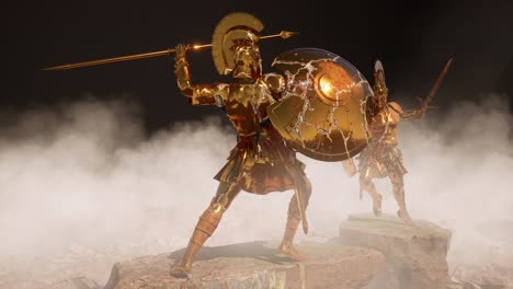 Gold-statues-of-Ancient-Greek-warriors-in-fight-positions,-worn-off-by-time,-placed-upon-big-rocks,-with-fog-and-smoke-at-the-background,-3D-animation-camera-rotate-slowly
