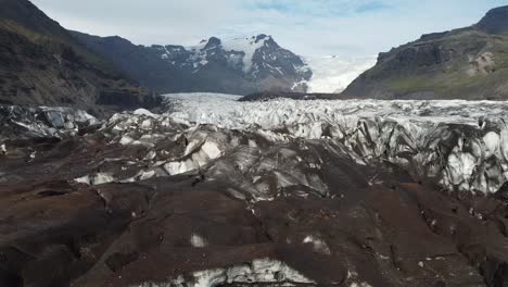 Climate-change-in-Iceland-Glaciers,-covered-in-volcanic-ashes,-aerial-truck-left