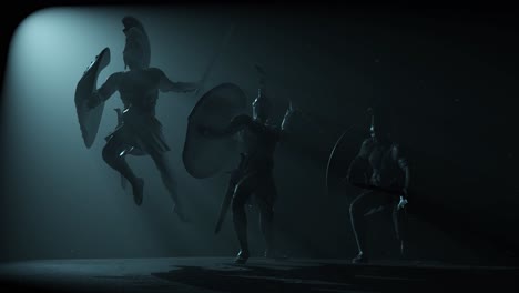 Statues-of-Ancient-Greek-warriors-in-fight-positions,-charging-in-battle,-inside-a-dark-space,-with-volumetric-light-behind-them-and-dust-particles,-3D-animation-camera-zoom-in-slowly