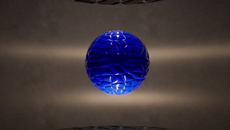 Blue-glossy-sphere-rotating-slowly-in-the-air,-inside-minimal-space,-with-bump-map-applied,-3D-animation-camera-zoom-out-slowly