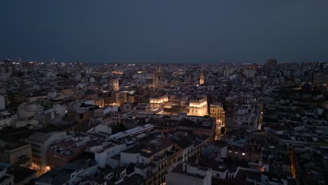 Aerial-night-evening-view-of-Historic-old-Town-in-Valencia,-Spain