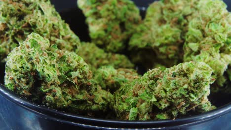 Macro-Green-Dried-Marijuana-Buds-Close-Up-concept-Shot,-pile-of-dried-marijuana-plants,-orange-trichomes-strains,-in-small-black-shiny-bawl,-on-a-rotating-stand,-studio-lights,-slow-motion,-4K-video