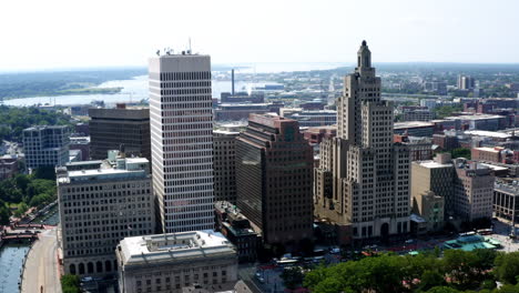 Aerial-drone-shot-approaching-Providence-skyline