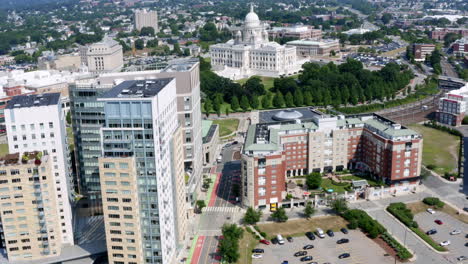 Aerial-drone-shot-approaching-Rhode-Island-State-House-in-Providence-RI