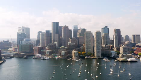 Aerial-shot-of-Boston-harbor-with-city-skyline