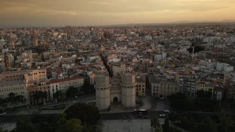 Valencia,-Spain,-ancient-Serranos-Towers,-Historical-city-landmark-Aerial-panorama-view-sunset