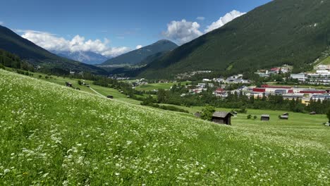 Schöne-Sommerwiese-Mit-Blumen-Und-Einigen-Hütten-Im-Hintergrund-Im-Stubaital,-österreich