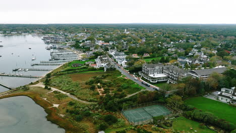Aerial-drone-over-Edgartown-in-Lighthouse-Martha's-Vineyard-with-harbor-and-houses