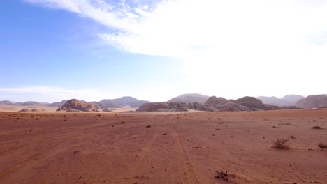 Popular-tourist-destination-of-Wadi-Rum-desert-with-vast,-red-sandy,-mountainous-landscape-in-Jordan,-Middle-East