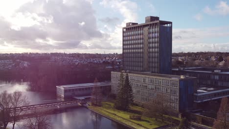 Pilkingtons-glass-head-quarters-blue-high-rise-business-office-park-sunrise-aerial-view