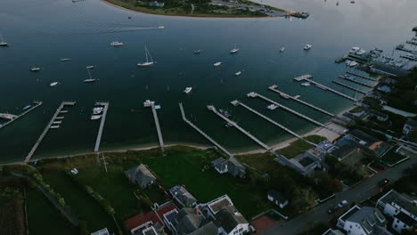 Aerial-drone-of-Edgartown-Martha's-Vineyard-over-harbor-at-dusk