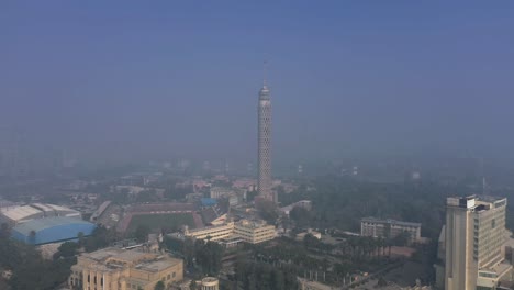 Cairo-Tower-sunrise-foggy-day-drone-shot-in-4k