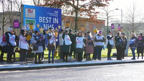 Britische-Krankenhauskrankenschwestern-Protestieren-Gemeinsam-Für-Faire-Bezahlung-Und-Halten-Transparente-Und-Fahnen-Im-Streik