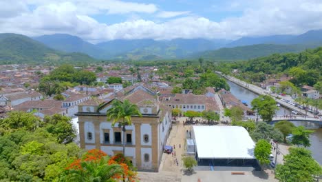 Paraty,-rio-de-Janeiro,-RJ,-Brazil,-panoramic-view,-drone-footage,-and-Mountain-Brazilian-culture,-old-church,-historic-city