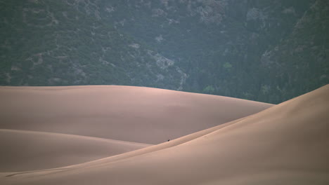 Hiker-walks-out-of-view-behind-large-sand-dune-in-early-morning