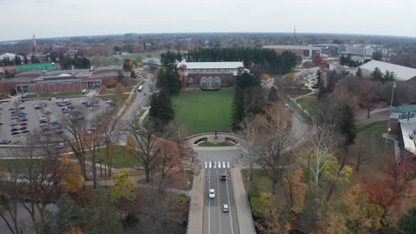 The-Spartan-Statue-at-Michigan-State-University-with-drone-video-wide-shot-moving-down