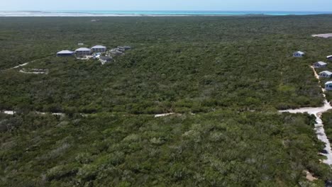 Vista-Aérea-De-Las-Bahamas-Sobre-El-Continente-Con-Mucho-Bosque-Y-Algunas-Casas