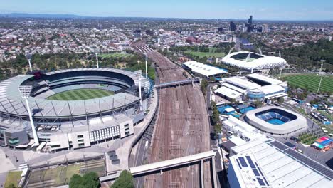 Aerial-through-Melbourne-sports-precinct-MCG,-Rod-laver-area-AAMI-park