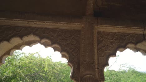 Shot-of-beautiful-carvings-on-a-wall-of-heritage-building-or-haveli-in-India