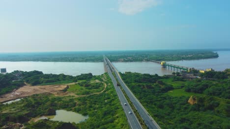 Aerial-drone-shot-of-a-river-bridge-on-chambal-river-,-dholpur-,-rajasthan