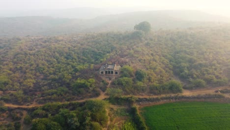 Aerial-drone-shot-of-a-old-abandoned-building-in-a-forest-of-Gwalior-,-India