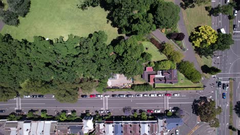 City-street-splitting-Park-and-Urban-landscape-drone-straight-down