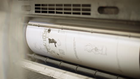 Close-up-of-a-printing-machine,-roller-part-of-machine-rolling-paper-in-the-print,-printed-details-viseible-on-the-paper