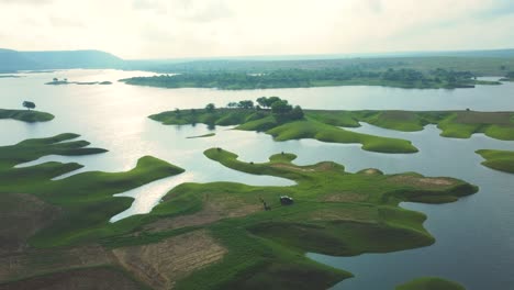 Aerial-drone-shot-of-a-River-Island-at-Pagara-village-near-Morena-,-Madhya-Pradesh-,-India